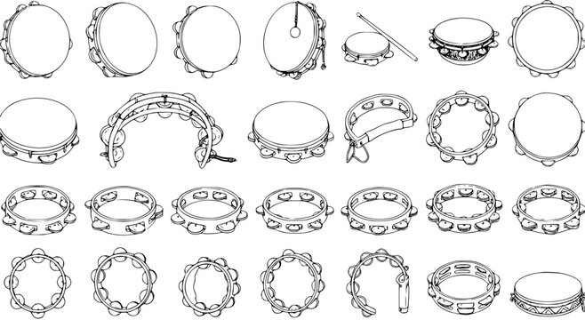 Tambourine Musical Instruments Vector Outline Line Art Collection. Black and white set of various hand percussion drums for music and rhythm illustrations.