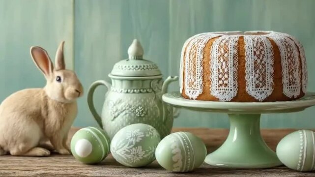 A charming spring-themed display features an adorable fluffy rabbit poised beside a beautifully decorated bundt cake, elegantly presented on a cake stand. Several intricately patterned light green orn