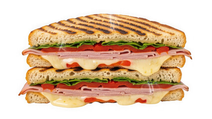 Delicious ham and cheese panini sandwich with melted cheese isolated on transparent background
