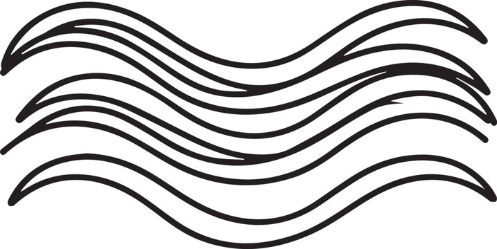 A minimalist black-and-white vector of stylized, flowing water lines. The rhythmic, parallel curves create a clean and modern representation of sea waves or gentle ripples.