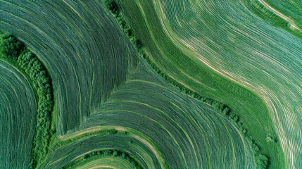 Elevated View of Vibrant Green Agricultural Fields With Intricate Patterns During Daylight Hours in a Rural Landscape