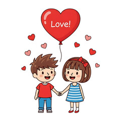 Cartoon boy and girl holding love balloon and hands together isolated on transparent background