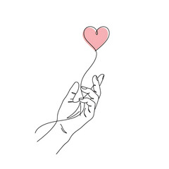 Hand holding a floating heart balloon in minimalist line art isolated on transparent background