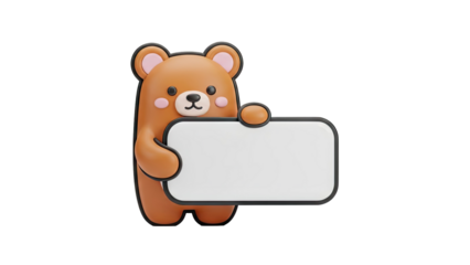 3D Cute cartoon bear holding a blank sign for text or graphics on transparent background