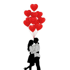 Couple embracing under heartshaped balloons on transparent background