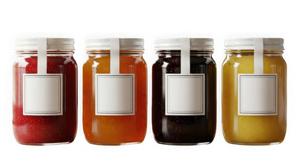Four assorted jars of fruit jam with blank labels, isolated on transparent background