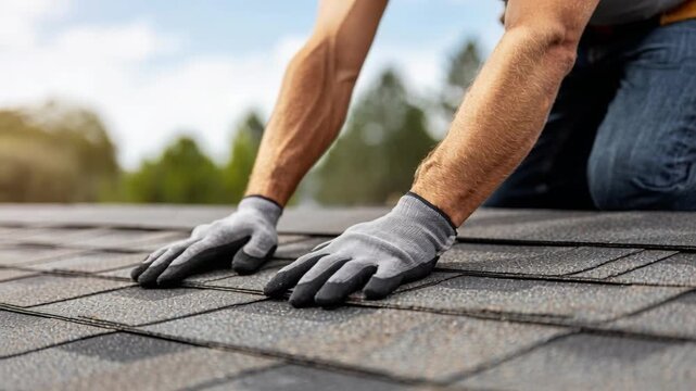A roofer wearing gloves and a tool belt inspects asphalt shingles on a rooftop on a sunny day.