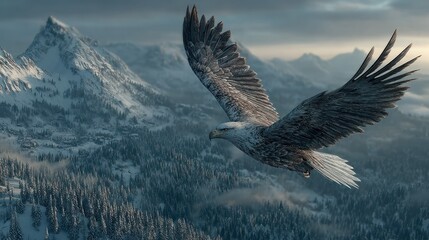 Fototapeta premium Majestic Eagle Soaring Above Snowy Mountain Peaks