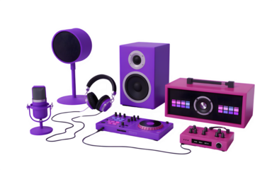 Modern music production equipment set with purple and pink devices