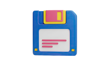 3D Floppy Disk Icon with Pink and Yellow Accents on transparent background
