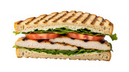 Grilled chicken panini sandwich, cut in half, isolated on transparent background