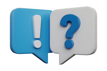 Blue and white speech bubbles with exclamation and question marks