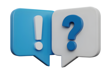 Blue and white speech bubbles with exclamation and question marks