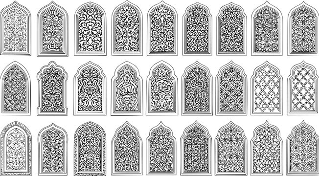 Islamic Architecture Line Art: Black and White Hand-drawn Arches and Windows featuring Arabesque Patterns, Geometric Motifs, and Calligraphy, perfect for Cultural Design and Decorative Elements