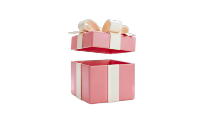 3D Open pink gift box with ribbon and bow on transparent background