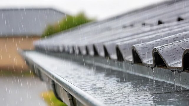 Rain falls on a gray metal roof and fills a gutter, with water dripping off the edge in a downpour.