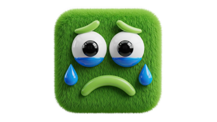 3D Sad Grass Emoji with Tears on transparent background