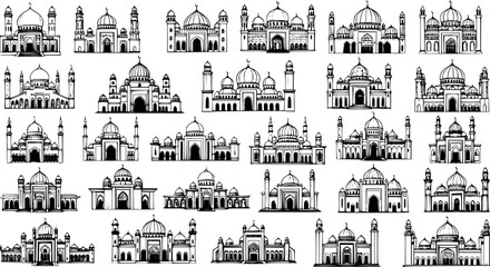Obraz premium Hand Drawn Black and White Line Art Mosques Collection. Detailed Sketch Doodle Set of Islamic Architecture, Religious Buildings and Muslim Culture Designs for Travel and Faith Industry.