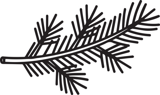 A minimalist black and white vector illustration of a pine branch featuring detailed needles, suitable for winter themes, holiday decorations, or nature-inspired graphic designs.