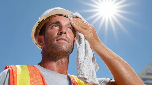 A construction worker wipes sweat from his brow under the hot sun, highlighting the challenges of outdoor labor.