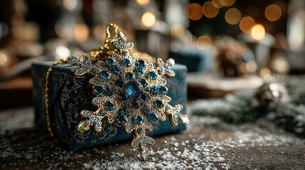 Ornate jewelry piece resting on a wrapped gift with blurred festive background.