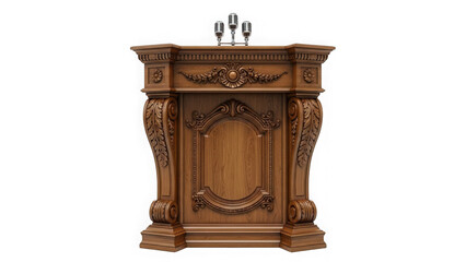 Ornate wooden podium with three microphones isolated on transparent background