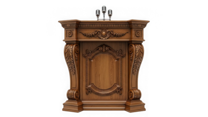 Ornate wooden podium with three microphones isolated on transparent background
