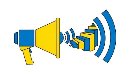 Megaphone with Sound Waves and Bar Chart Icon for Marketing and Communication.