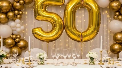 Golden balloons and white flowers celebrate 50th birthday in elegant party setting