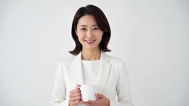 白くミニマルな背景で撮影された、日本人ビジネスウーマンの高精細ポートレート映像。
柔らかく均一なスタジオ照明が、穏やかで自信のある表情を自然に引き立てる。
ロゴのないシンプルなマグカップが、洗練されたビジネスライフを演出。