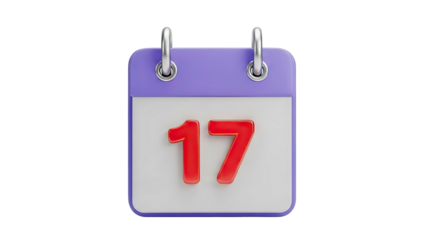 3D calendar icon with number 17 on transparent background
