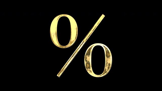 Gold percent sign, light reflecting and patterns shifting, alpha channel