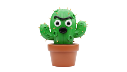 3D Cartoon cactus character with angry face in a pot on transparent background