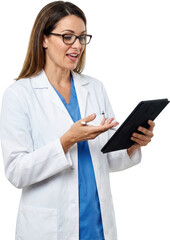 Professional woman wearing glasses and a white lab coat interacts with a digital tablet using a stylus while communicating with someone doctor female scientist medical technology