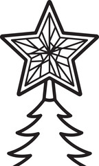 Obraz premium A black and white line art vector of a decorative star topper sitting atop a Christmas tree, featuring intricate geometric patterns within the star's points for a festive holiday theme.
