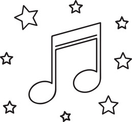 A minimalist black and white line art vector of a musical beamed eighth note surrounded by five scattered stars, representing a hit song, magical melody, or nighttime lullaby. © Nur