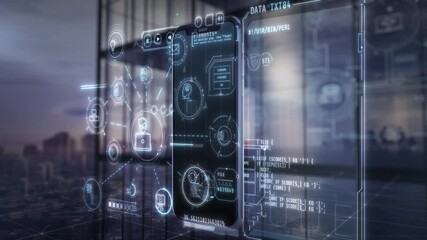 Smartphone with futuristic digital interface showing data and coding - Powered by Adobe