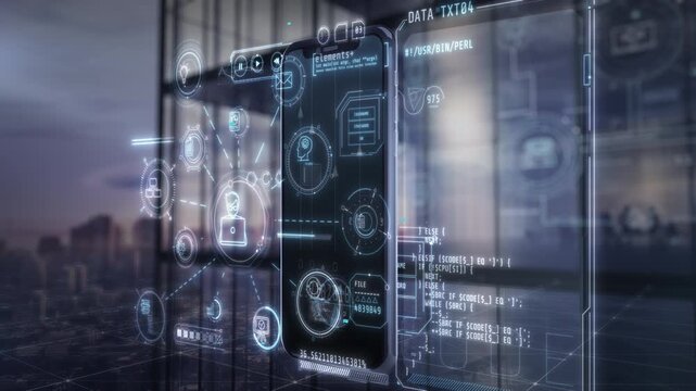 Smartphone with futuristic digital interface showing data and coding