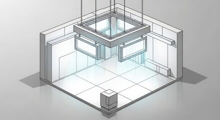 Isometric view of a minimalist, futuristic white room with glowing screens and a central light fixture.