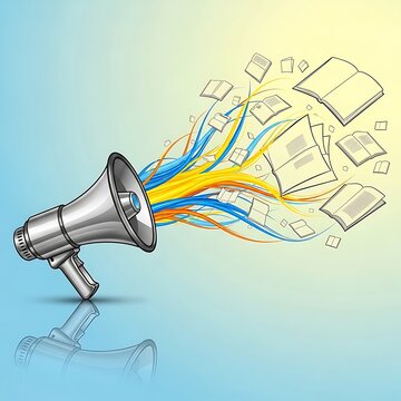 Loudspeaker broadcasting stream of knowledge represented by flying open books and pages illustrating powerful communication and educational outreach marketing strategy