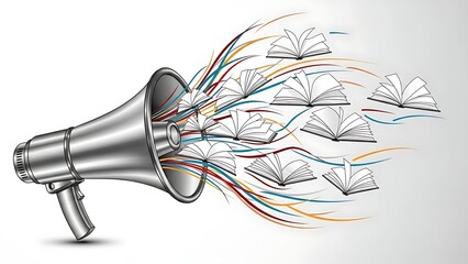 Megaphone announcing spreading of knowledge education literature books with colorful abstract lines showing communication flow
