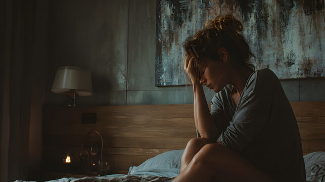 A woman sits on a bed in a dimly lit room with her hand on her forehead looking stressed