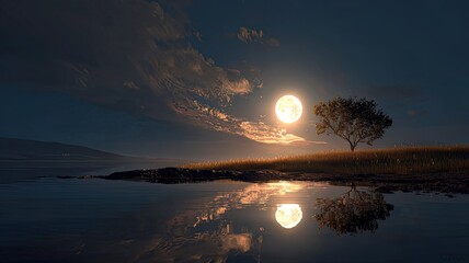 The image showcases a serene night scene dominated by a bright full moon. A lone tree stands silhouetted on a grassy knoll, with its reflection mirrored in the calm water below