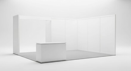 Empty white exhibition stand with a simple counter and minimalist design on a light grey floor, ready for customization.