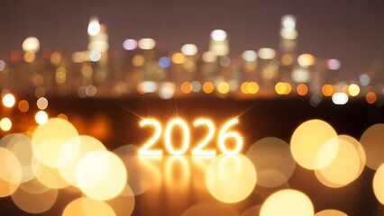 Glowing 2026 numbers in foreground with abstract city lights and bokeh in background, symbolizing new year celebration in urban setting
