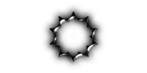 A dark, metallic, spiky circular abstract shape with a hollow center and subtle shadow on a white background.