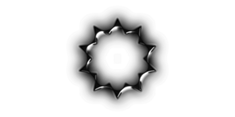 A dark, metallic, spiky circular abstract shape with a hollow center and subtle shadow on a white background.