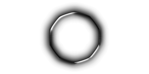 A dark, slightly irregular circular ring with a blurred edge and metallic sheen on a white background, creating an abstract graphic.
