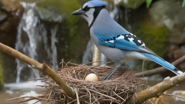 A beautiful blue jay perched on a tree branch, observing over it's nest with an egg in it