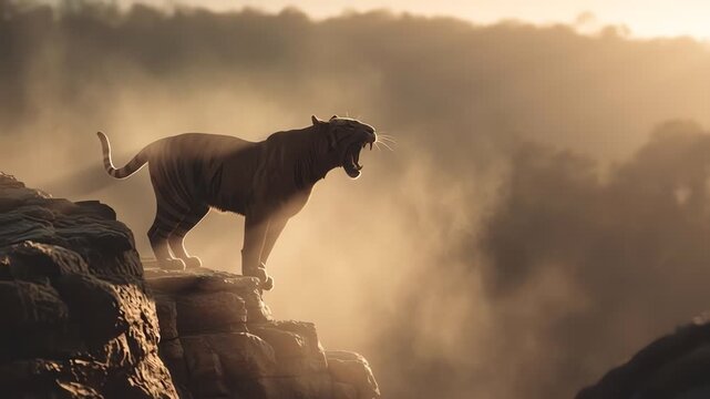 Dramatic Saber Tooth Tiger Silhouette on Rocky Peak